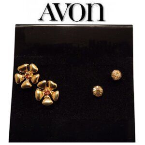 Avon Flower Crystal Sets Pierced Post Earrings Vintage 2 Pairs Gold Small Studs